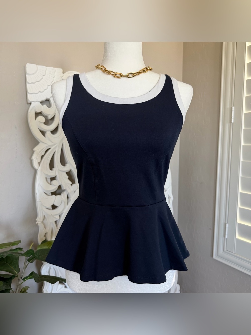 INC International Concepts Navy Sleeveless‎ Peplum Top